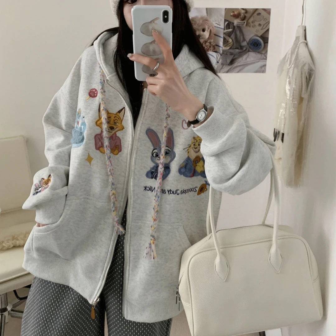 25冬季新款疯狂动物城刺绣连帽拉链外套韩版宽松百搭上衣加厚外套