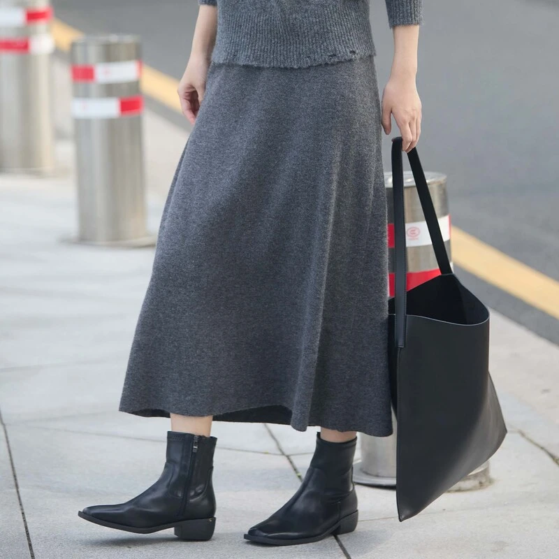 sdeer圣迪奥女装时尚复古高腰松紧碎褶针织直筒长裙S24381108