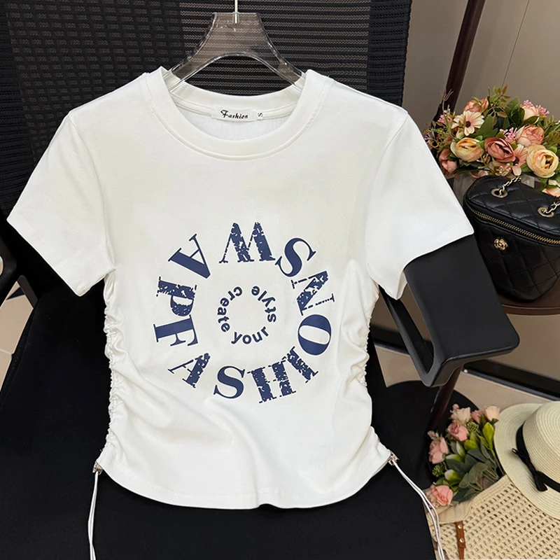 正肩短款短袖t恤女夏季2025新款韩版休闲印花字母抽褶洋气上衣服