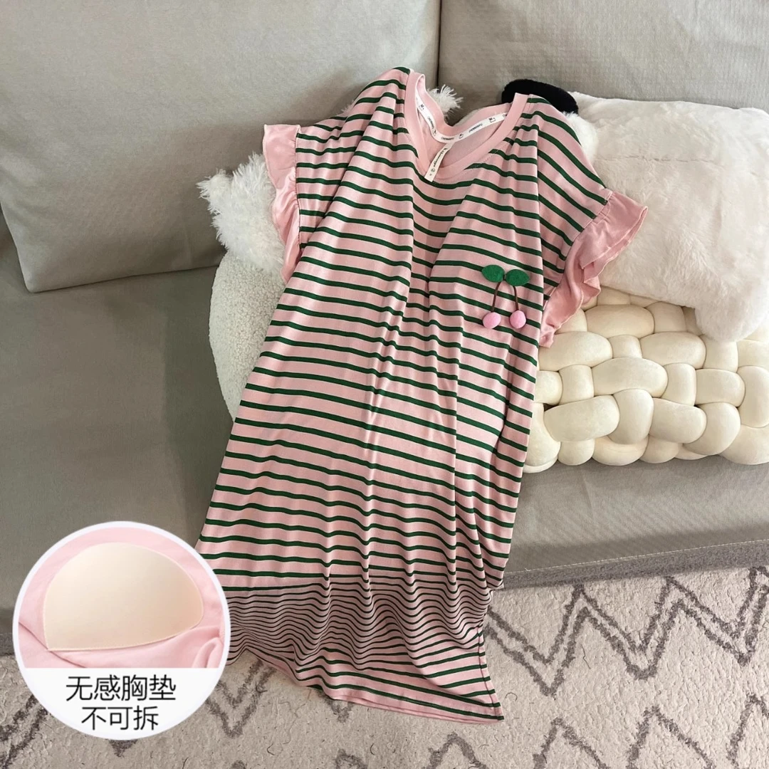 睡裙女士夏季韩系甜美风短袖睡衣大码凉感带胸垫粉条纹夏天家居服
