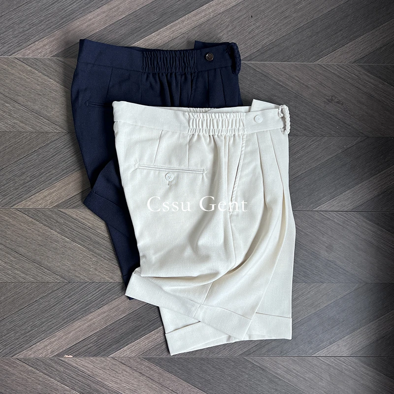 高定系列 意式亚麻混纺舒适透气短裤男士复古双褶中高腰五分裤子