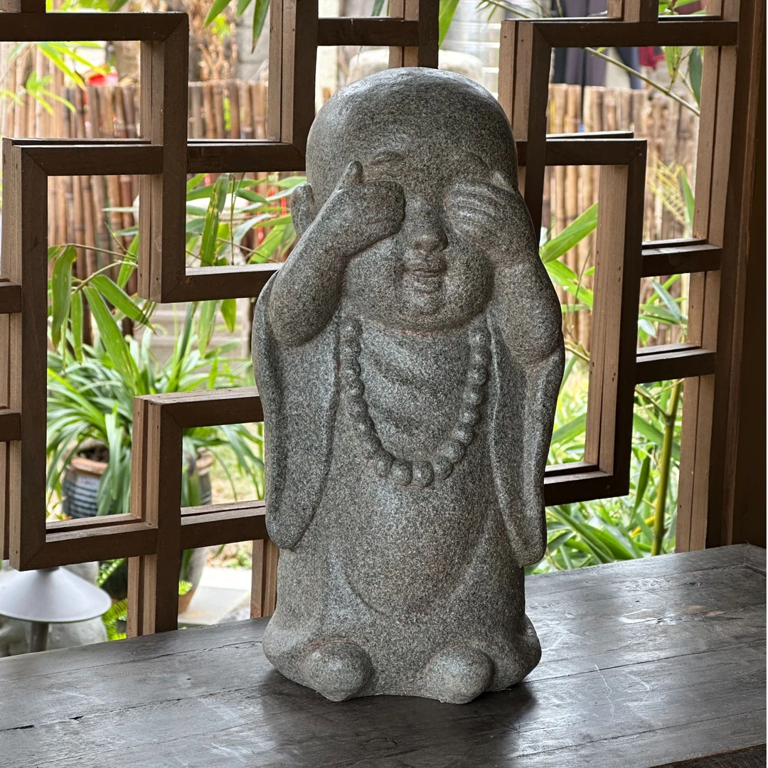 勿视不看沙弥 石头禅意小和尚摆件 庭院造景装饰摆件