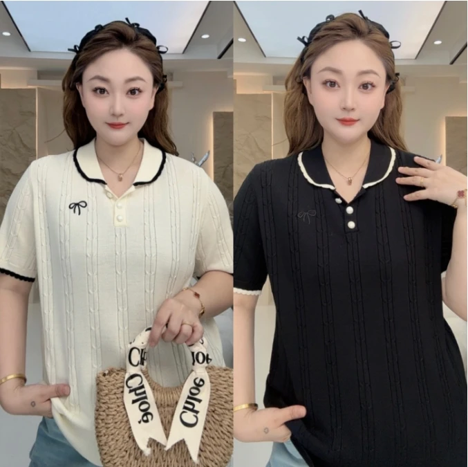 （580）大码法式洋气证件短袖针织衫夏季新款胖MM宽松显瘦冰丝上衣