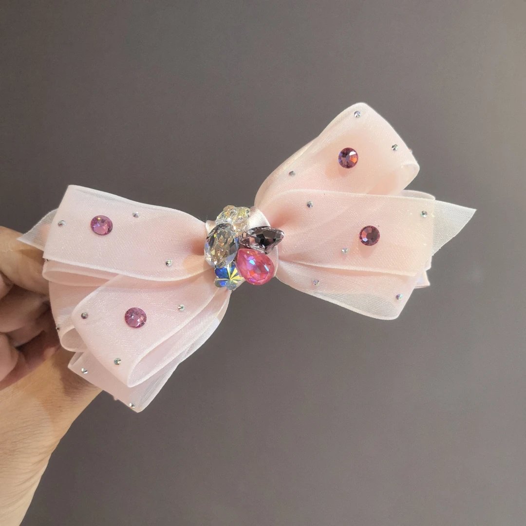 时尚甜美风瑞丽风欧根纱闪钻弹簧夹靓丽百搭半扎发夹优雅气质发饰