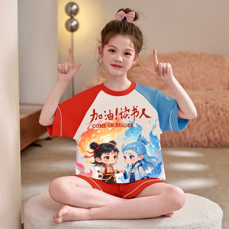 bejirog/北极绒时尚洋气可外穿女大童夏季短袖短裤纯棉睡衣两件套