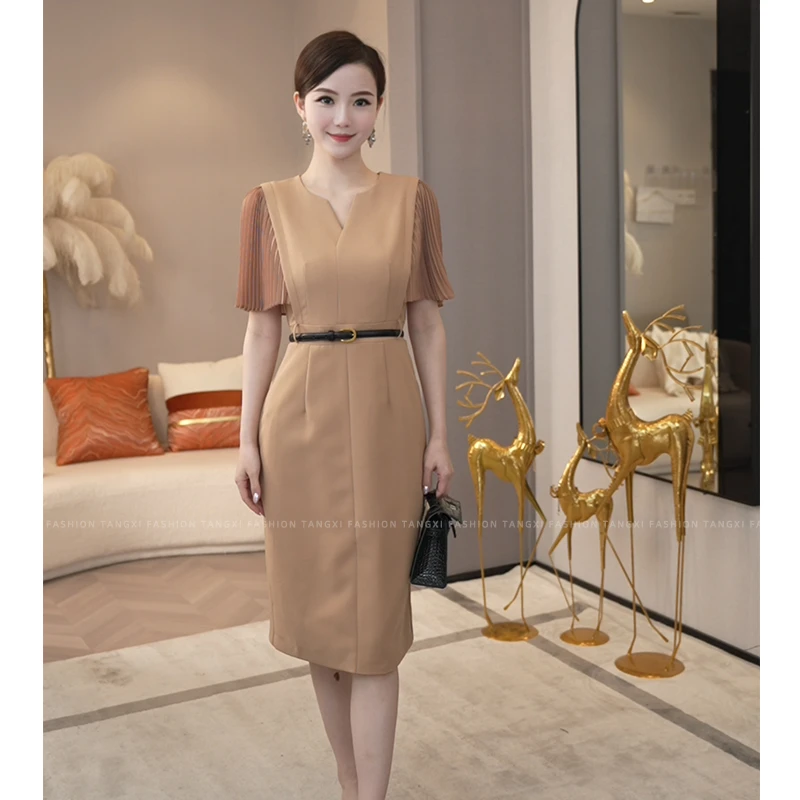 2025夏季新款【8010】法式轻奢小众肉桂色显白气质百褶袖遮肉连衣裙