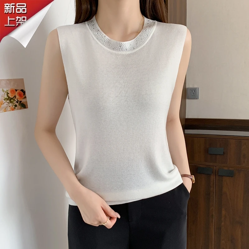 品牌2025夏季圆领镶钻羊毛针织无袖背心纯色简约通勤时尚百搭T恤
