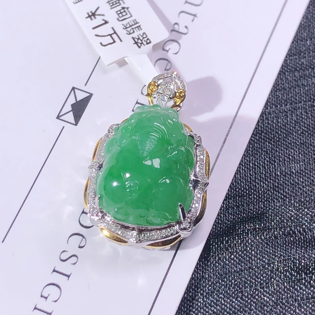 天然A货缅甸翡翠18k金镶嵌老坑冰种阳绿貔貅吊坠尺寸30/18.8/13.2