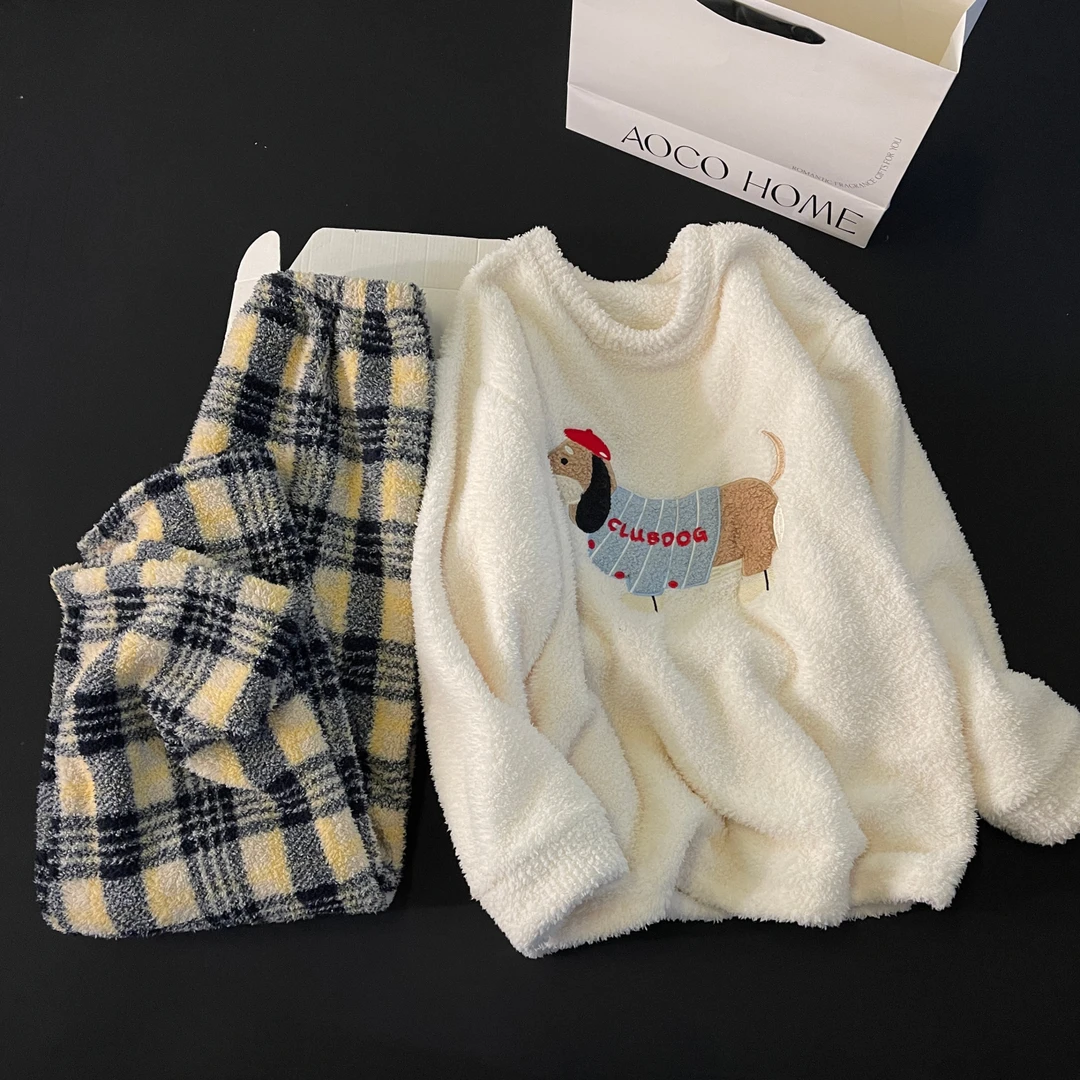 珊瑚绒睡衣女秋冬季大码加厚线条狗仿半边绒套装可外穿冬天家居服