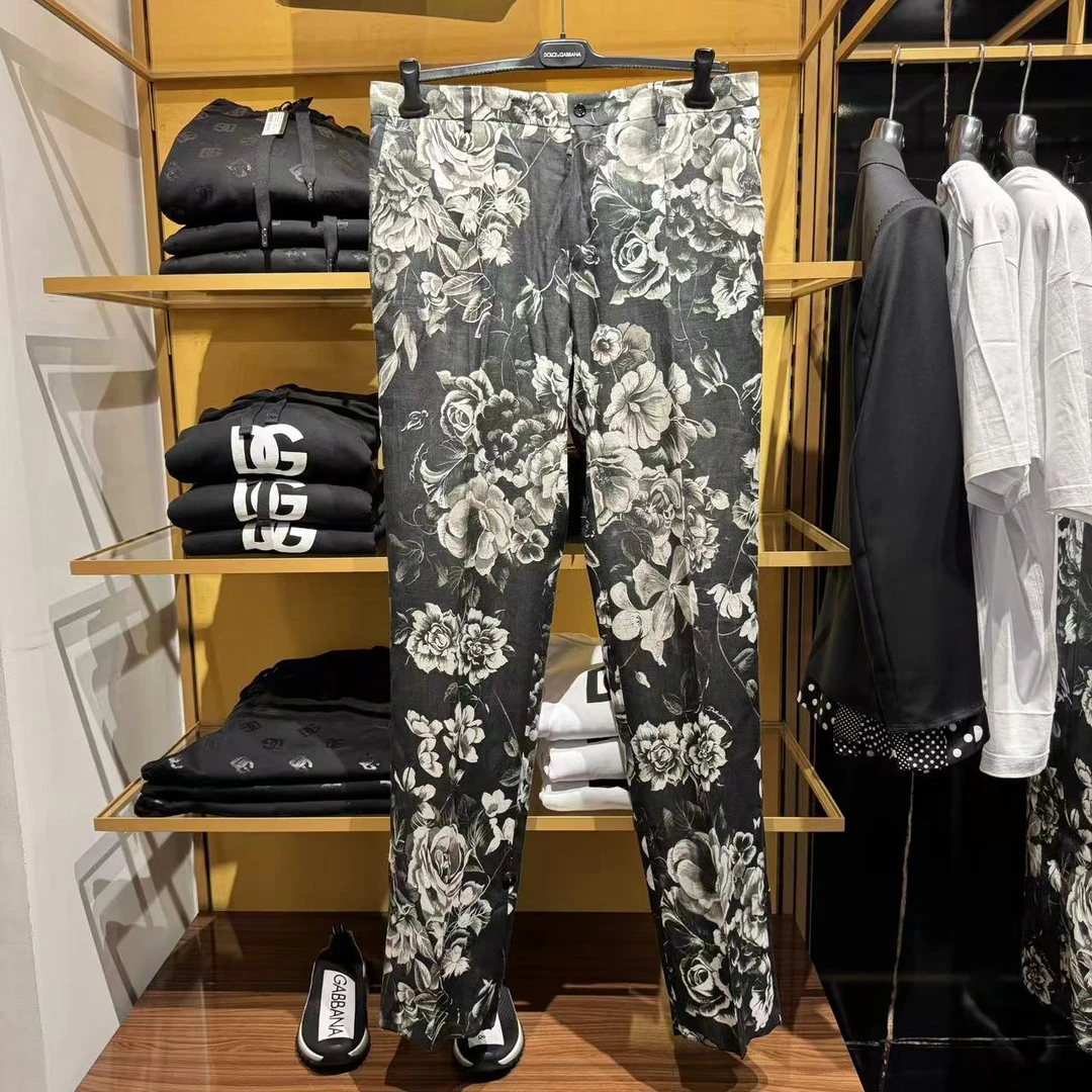 【CC在欧洲】D.....G 折扣款2号 黑花系列亚麻长裤