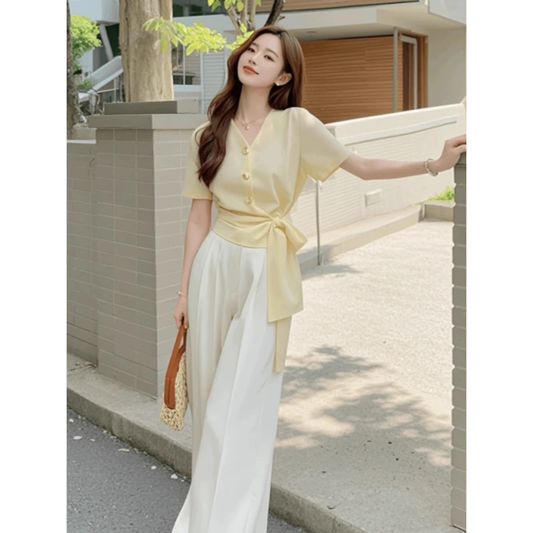 2025夏盐系显高时尚上衣阔腿裤两件套炸街搭配韩系小个子套装