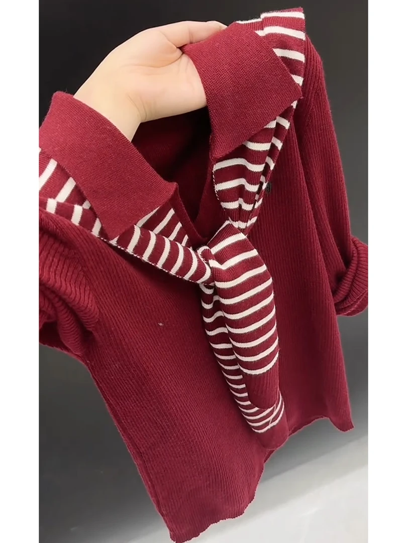 安可拉红翻领条纹披肩毛针织衫长袖早秋新款慵懒风百搭显瘦上衣女