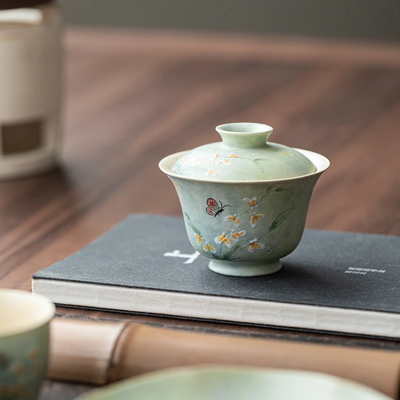 枝意 创意手绘文心兰二才盖碗高档家用防烫陶瓷泡茶碗带盖