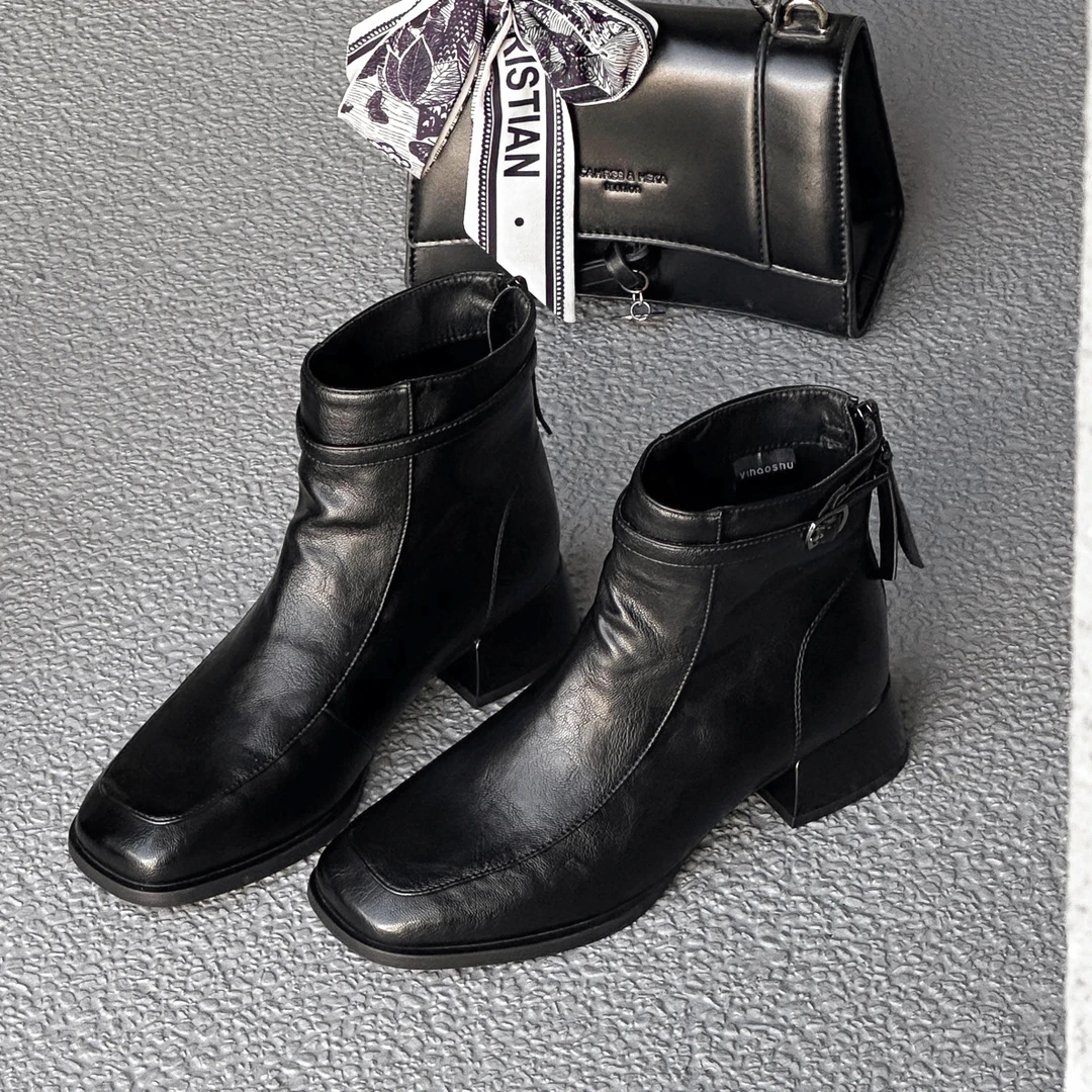 女鞋软皮软底方头瘦瘦靴2025新款高级感百搭短靴粗跟6CM冬款棉鞋