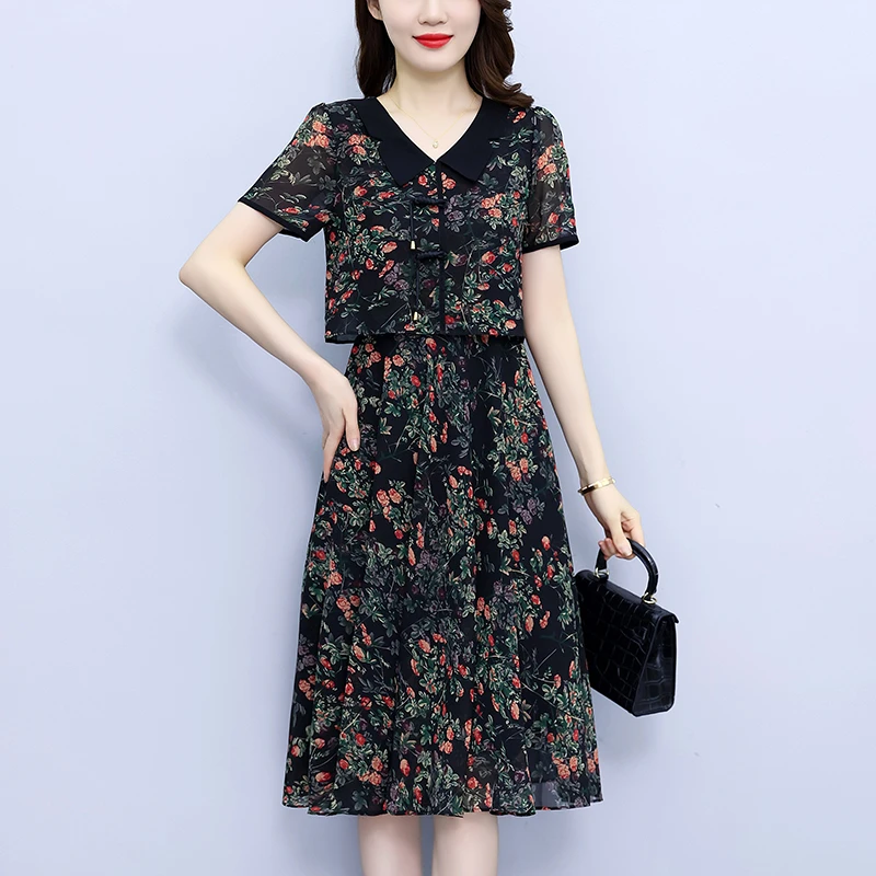 广州十三行碎花拼接假两件雪纺连衣裙女装夏季中长款修身显瘦裙子