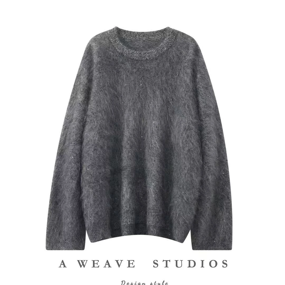 【六股花纱拉绒】特种珠片纱100%山羊绒圆领加厚款针织衫保暖时尚R