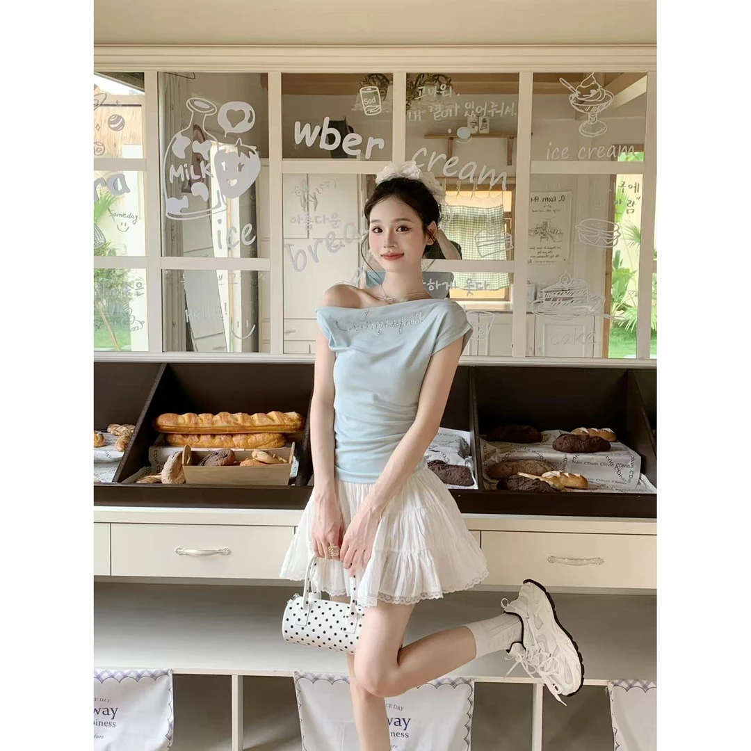 甜美套装法式绑带露肩短袖T恤女夏季新款白色蕾丝边半身裙两件套