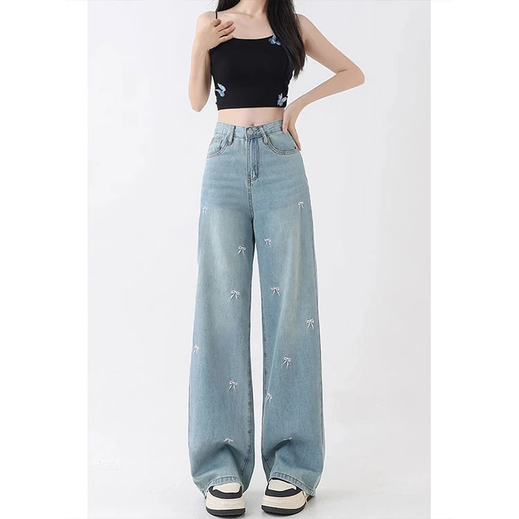 浅色刺绣天丝牛仔裤女夏季薄款大码胖mm宽松显瘦梨形身材阔腿裤子