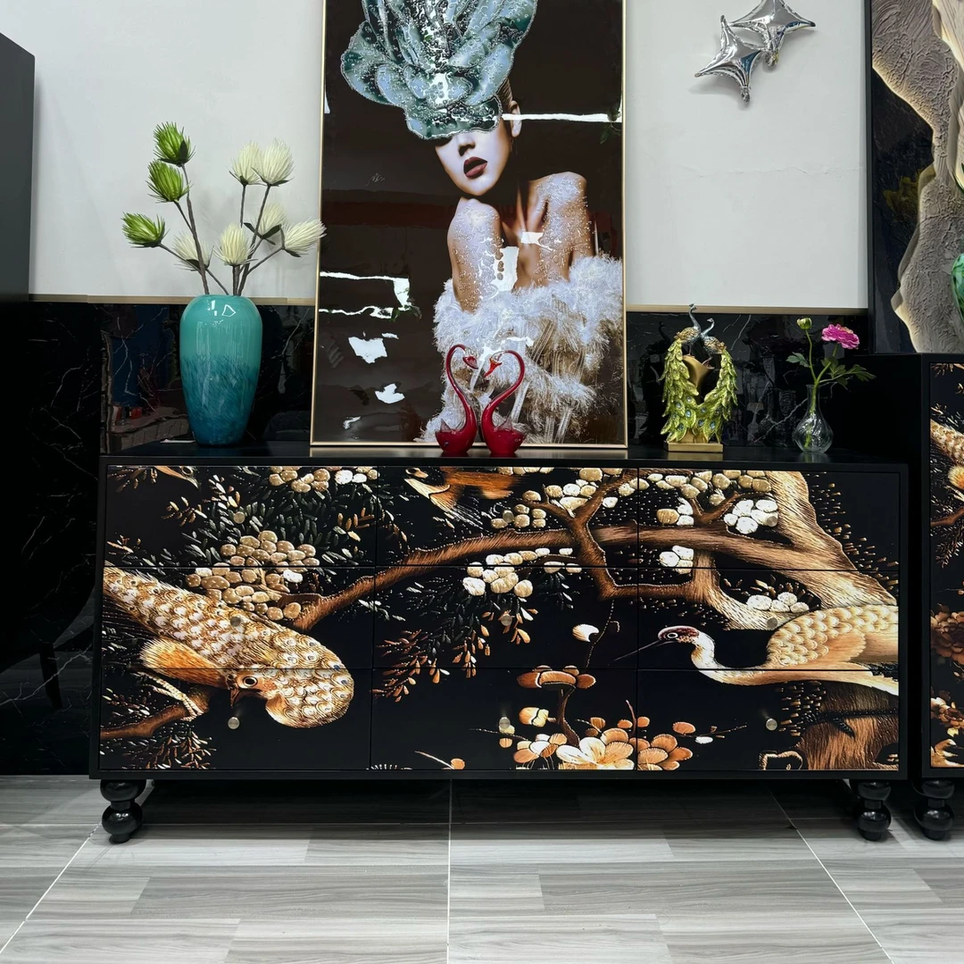 法式复古金丝孔雀九斗柜中古实木一体立柜入户客厅装饰柜卧室斗柜