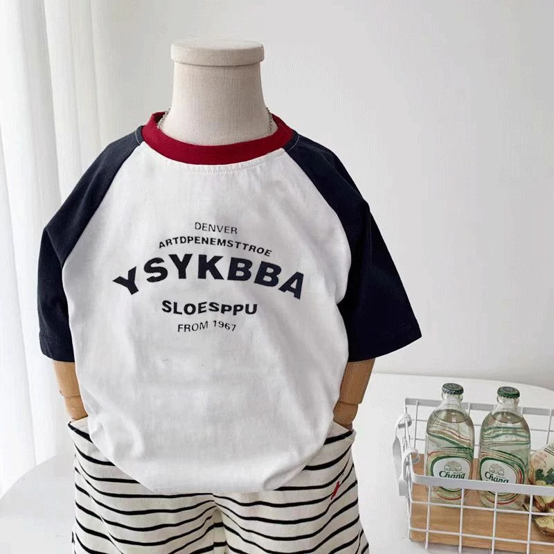 儿童100纯棉字母拼接新款短袖T恤百搭夏季男女宽松休闲上衣