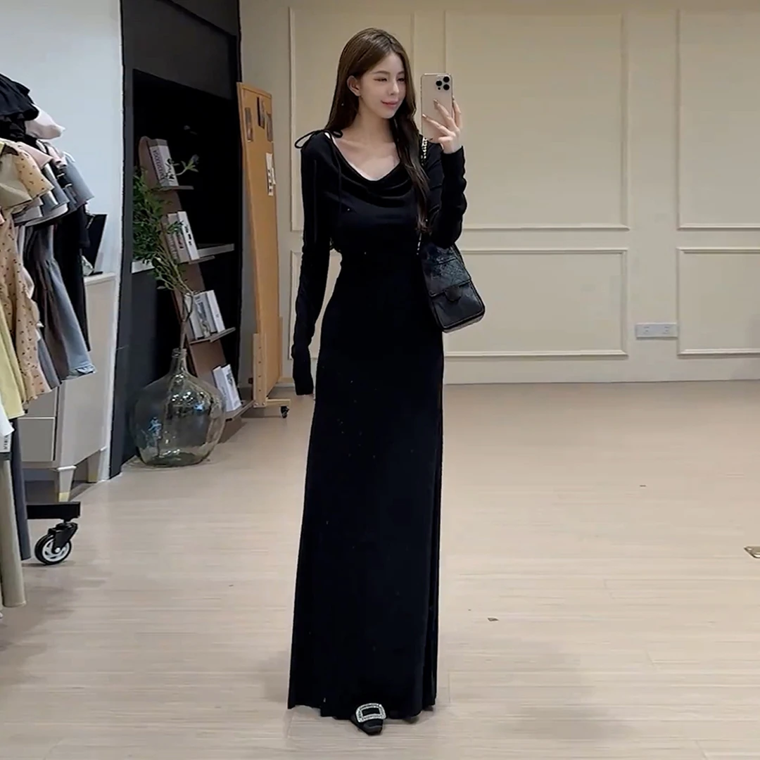 赫本风黑色荡领长袖连衣裙秋季2025新款收腰显瘦气质内搭长裙7021