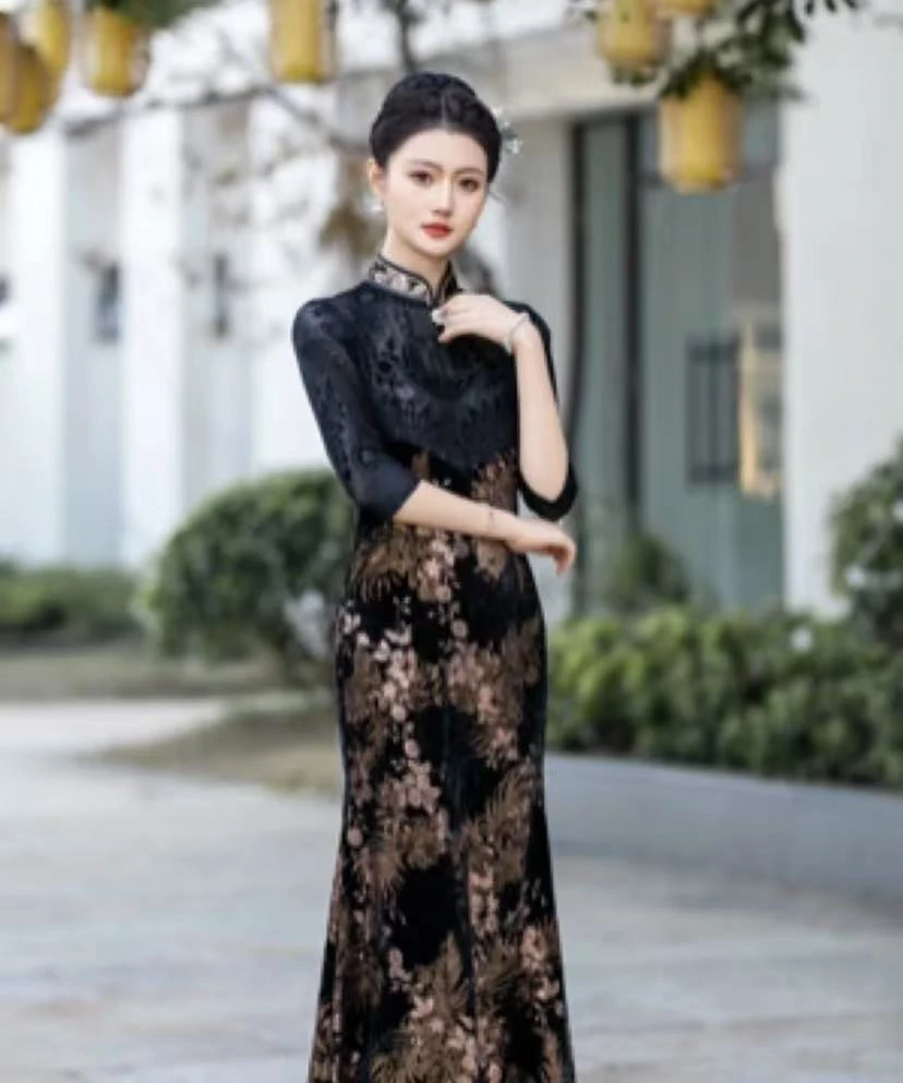 【孔雀开屏】中国风时尚鱼尾旗袍网红春季显瘦高档气质修身民国风