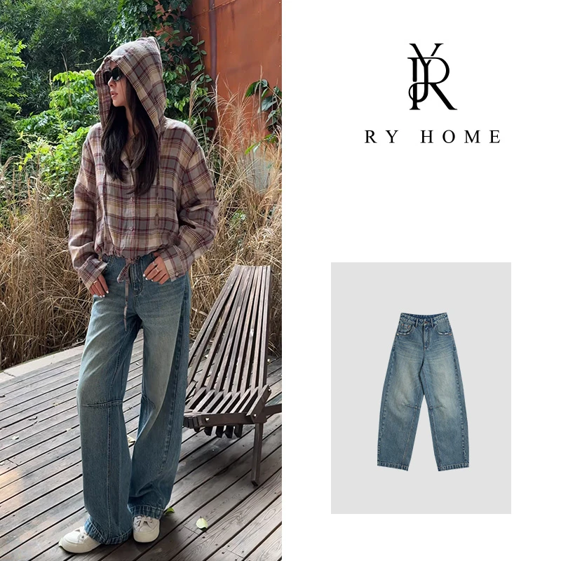 【容雨RYHOME】复古水洗做旧直筒阔腿牛仔裤252K2675