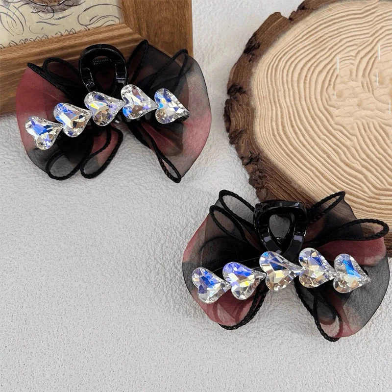 森系时尚气质AB面爱心月光水钻泡泡纱抓夹7cm