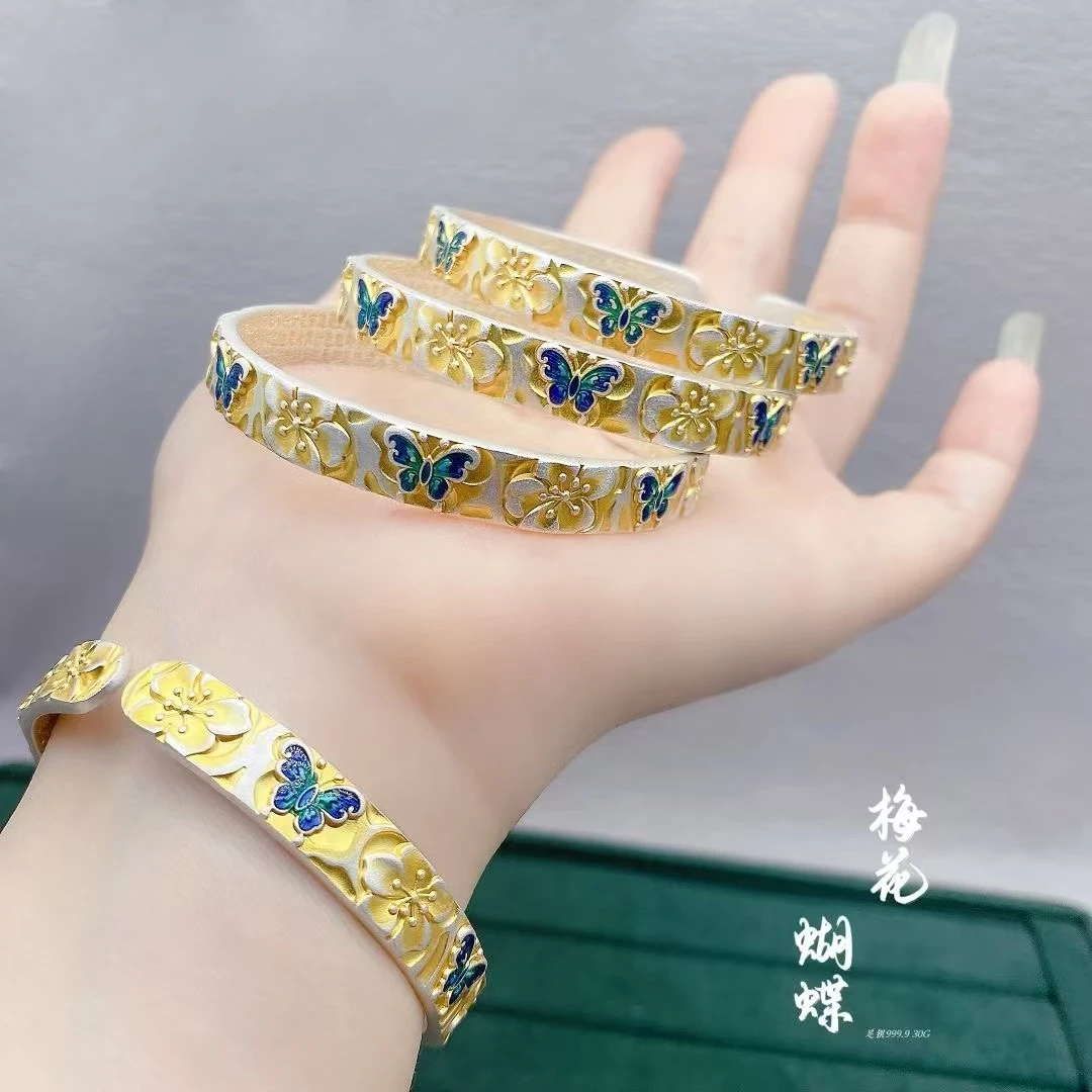 足银手镯 31克999.9国潮珐琅彩描金梅花蝴蝶手镯