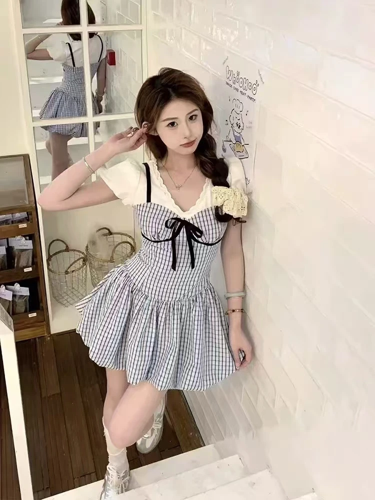 夏季连衣裙学院风不褪色海军甜美短裙通勤小清新V领