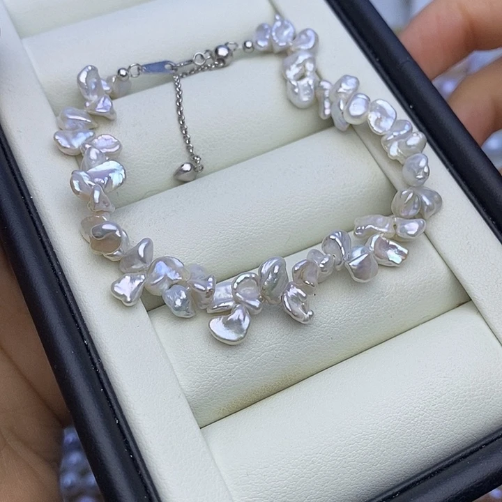 淡水珍珠项链银S925镶嵌无核 keshi 手链