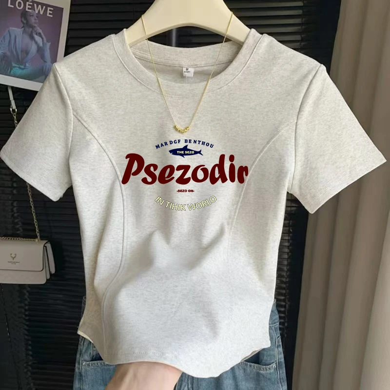 短袖T恤女夏季新款时尚洋气不规则鱼骨设计感短款上衣百搭灰色