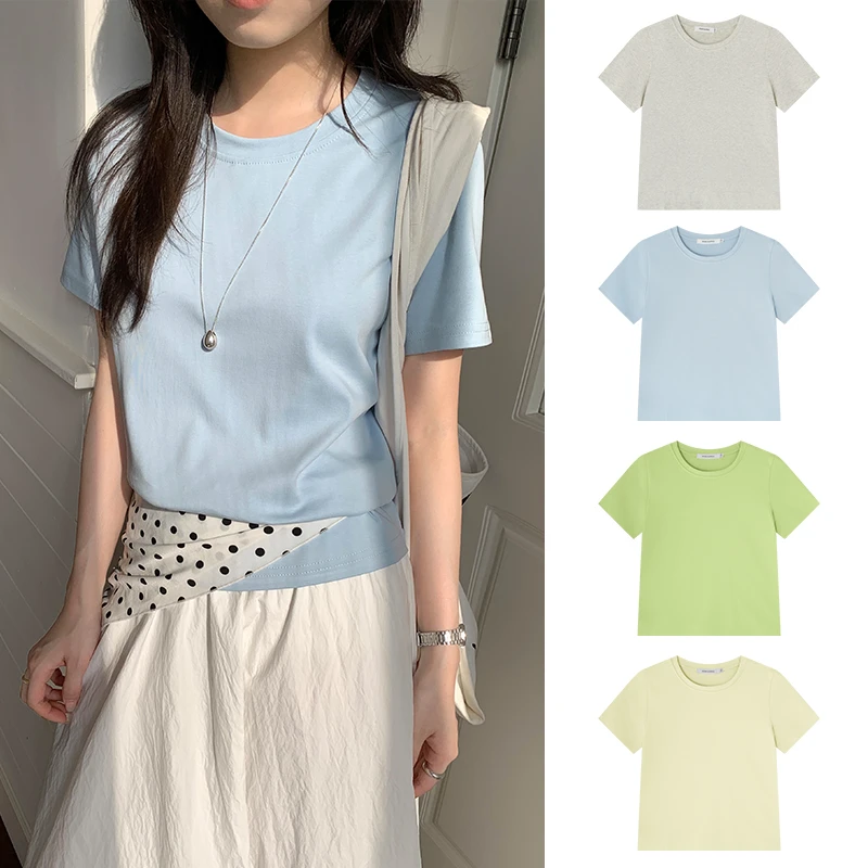 Manman Y3781自制韩系基础白色正肩短袖t恤圆领显瘦上衣打底衫