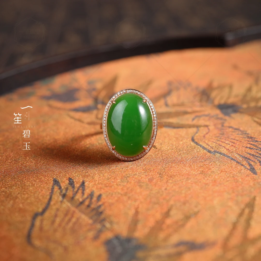 【一笙珠宝】天然和田玉碧玉蛋面戒指18K金镶嵌