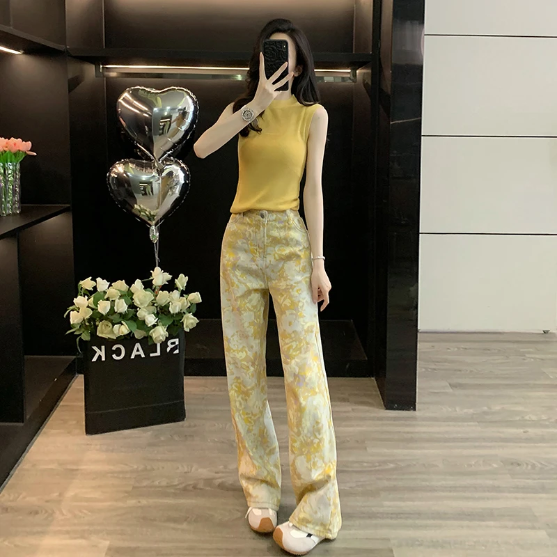 多巴胺穿搭正肩短袖T恤女夏短款上衣阔腿牛仔裤美式直筒裤子薄款