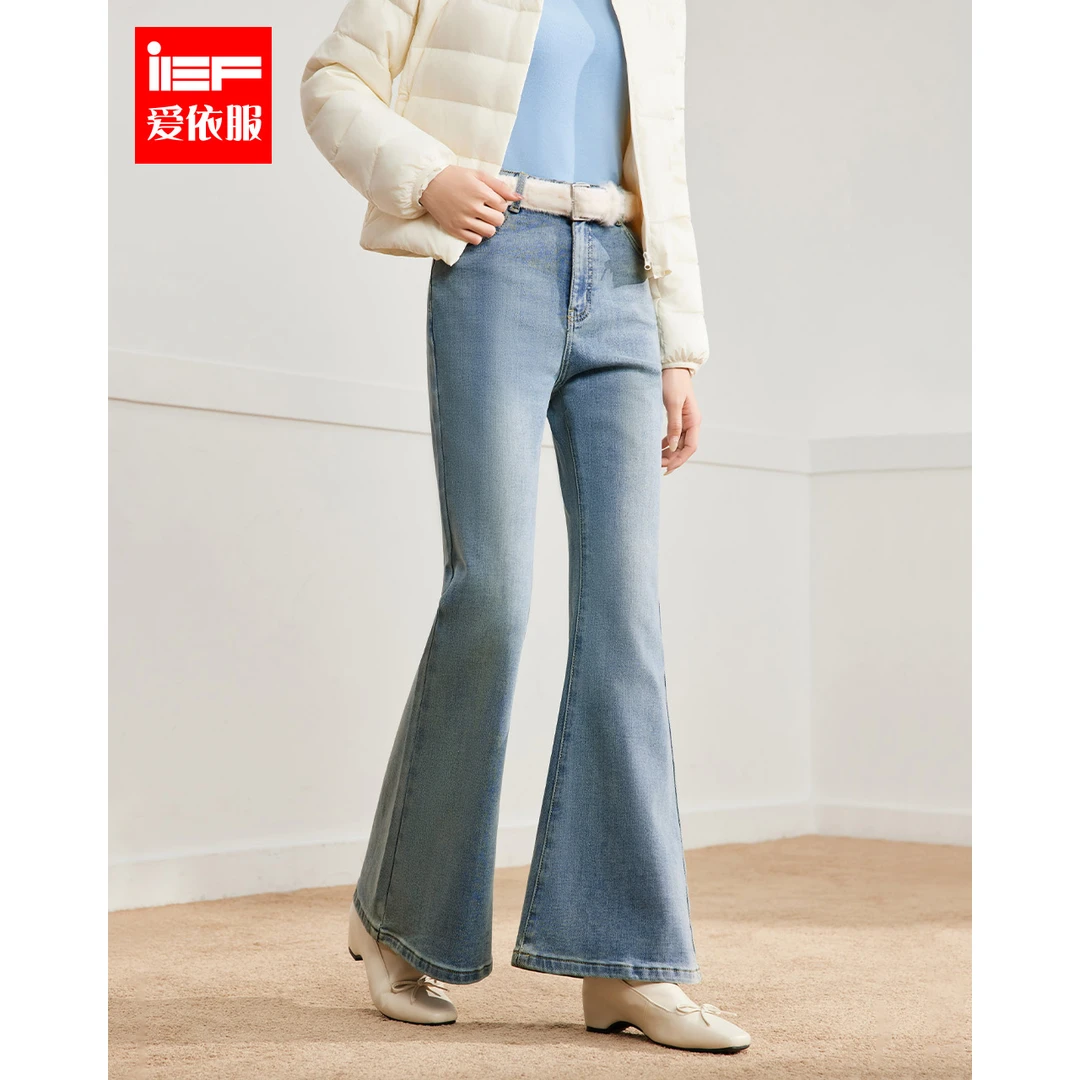 IEF/爱依服2025新款冬季休闲纯色简约显瘦加绒牛仔喇叭裤