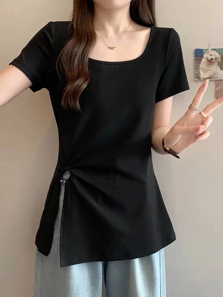 方领U型领常规款宽松型大码T恤女性透气甜辣风8557