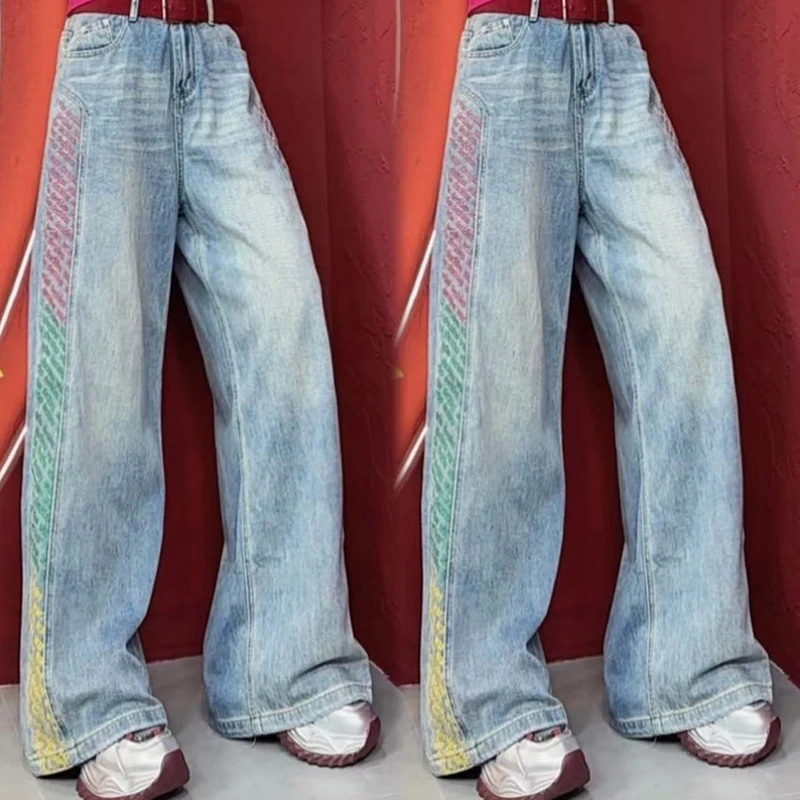 美式复古时尚阔腿牛仔裤女夏季新款高腰宽松直筒百搭休闲裤-1183