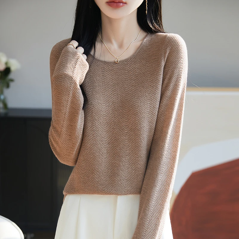 洋气百搭！新款48支精纺纯毛水波纹修身圆领纯羊毛衫秋冬百搭长袖