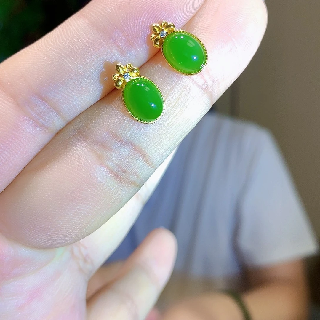 和田玉（碧玉）银S925镀金镶嵌耳饰