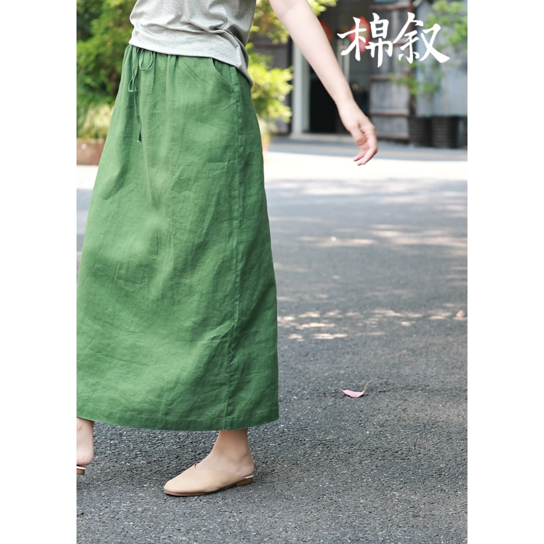 棉叙文艺复古纯亚麻半裙女松紧腰开叉宽松显瘦直筒裙夏15809