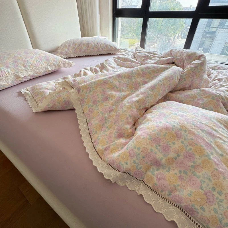 法式花边纯棉双层纱四件套全棉套件柔软舒适公主风碎花床上用品