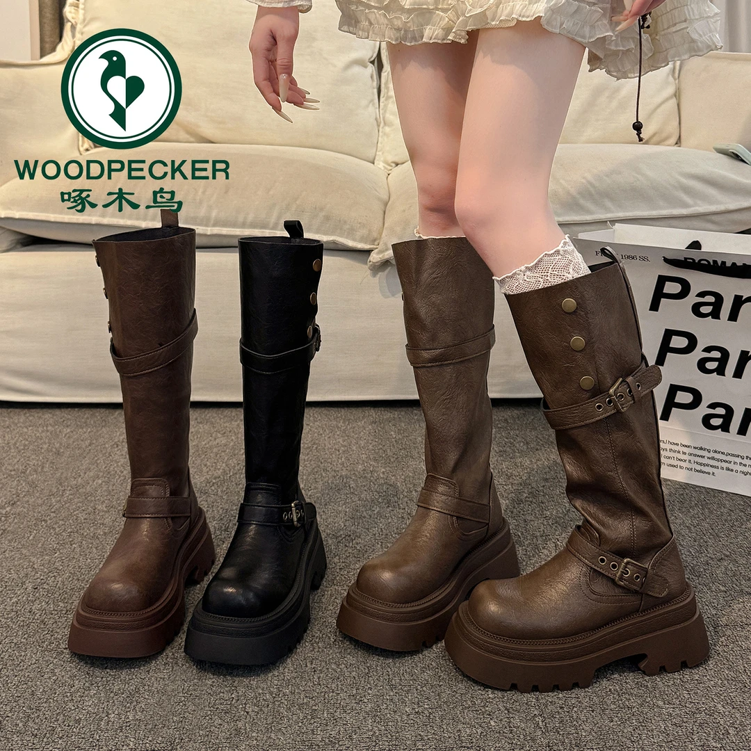 啄木鸟厚底增高美拉德棕色长筒靴女2025新款显瘦骑士靴高筒长靴