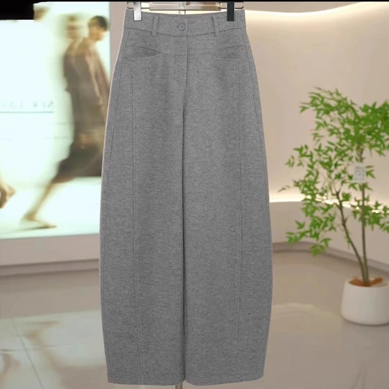 高级灰醋酸羊毛呢阔腿裤女秋冬加厚羊绒裤子小个子显瘦香蕉弯刀裤