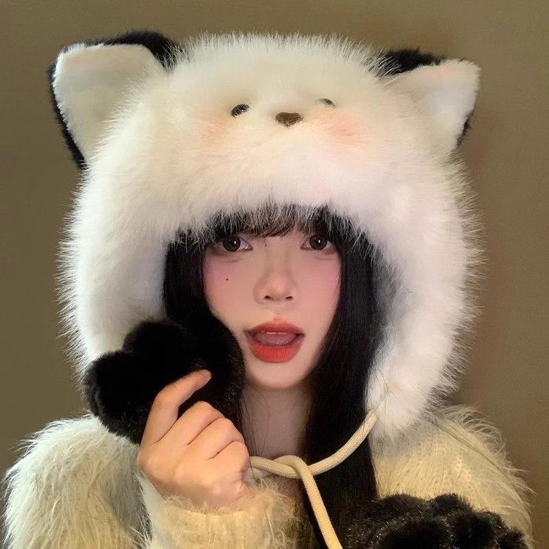 可爱腮红小猫耳朵毛绒帽女2025秋冬季毛茸茸保暖护耳帽显脸帽子TJ