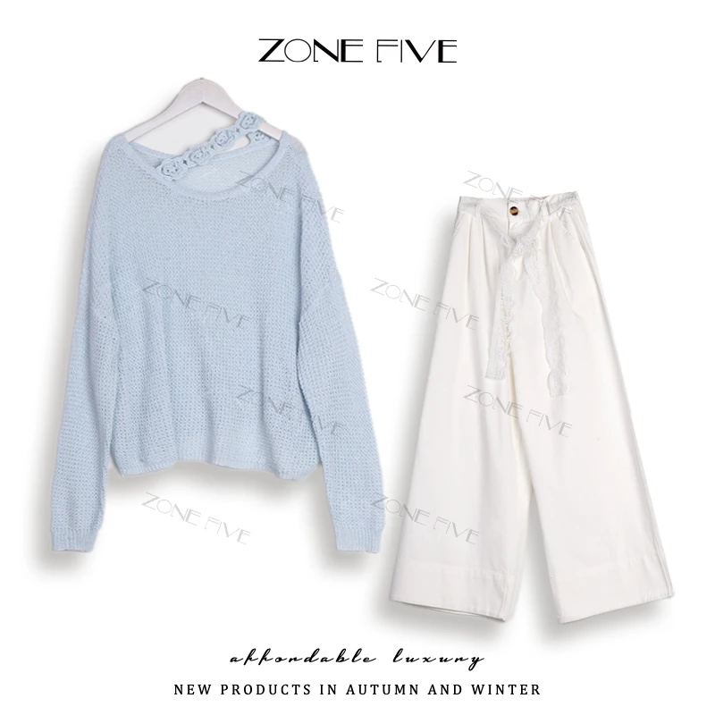 韩系气质慵懒风花朵针织衫+牛仔裤2025春季新款设计感上衣女