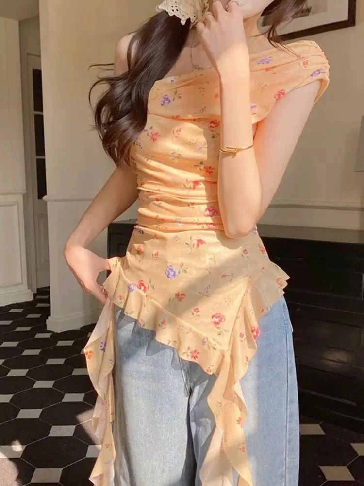 法式性感辣妹超好看碎花飘带背心女夏季小个子甜美独特荷叶边上衣