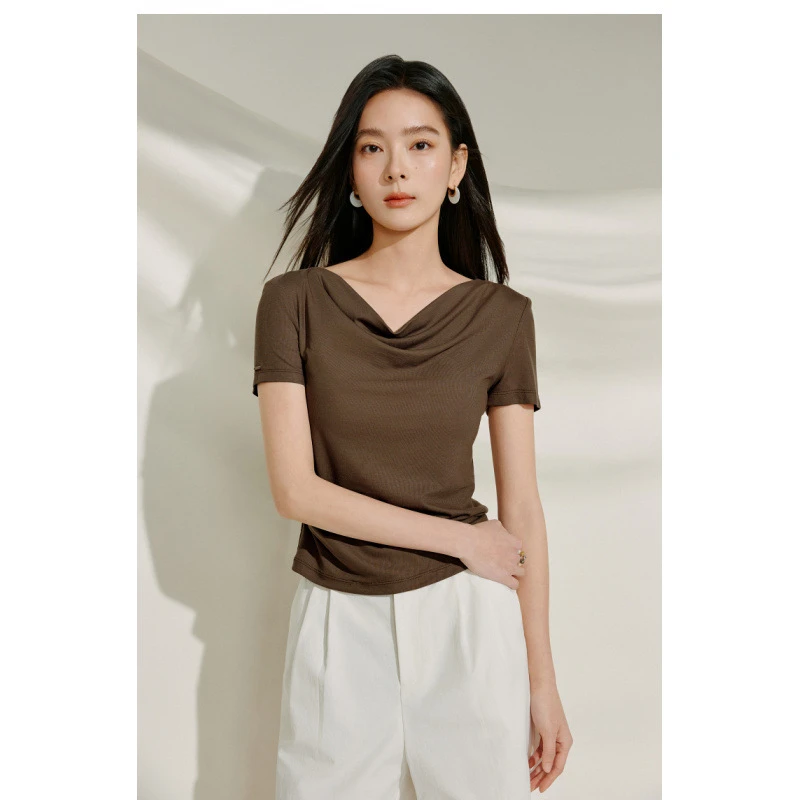 常规正肩法式凉感荡领短款短袖T恤显瘦女2025年夏季新款通勤上衣