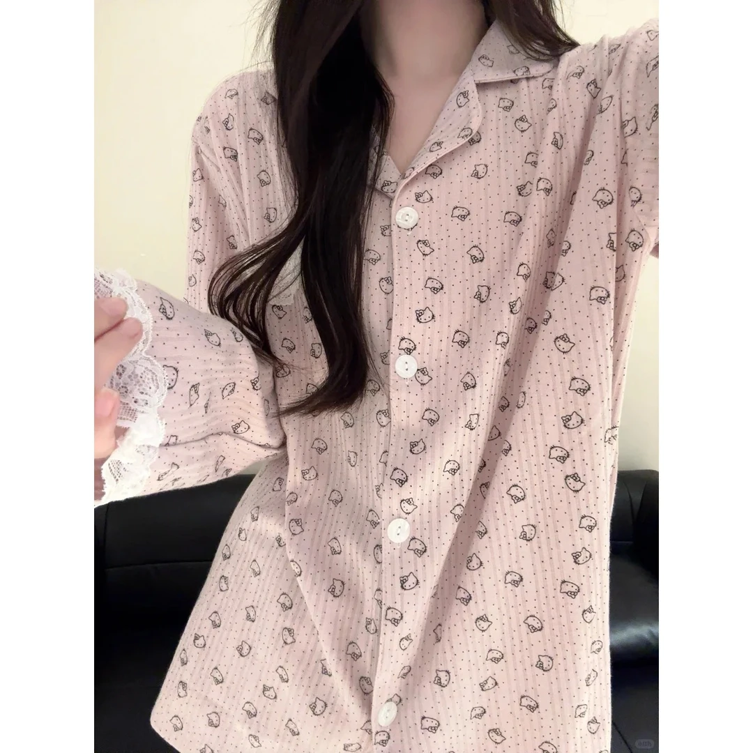 韩系甜美波点卡通Kitty睡衣女秋季新款长袖长裤家居服套装可外穿