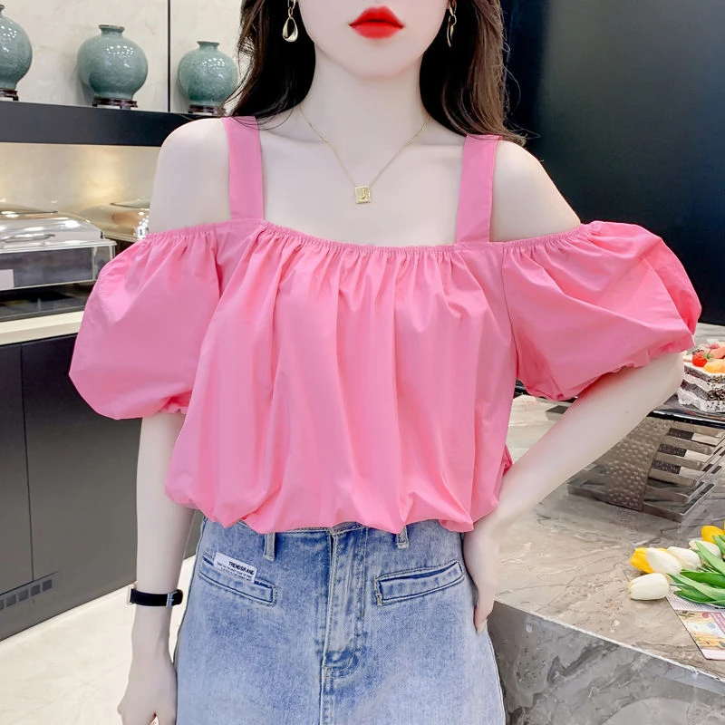 吊带短袖衬衫女2025年新款夏季时尚设计感小众法式短款一字肩上衣